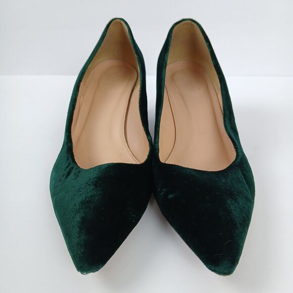 J. Crew Velvet Heels Women 7.5 Green Block Heel Old Money Quiet‎ Luxury Office - Picture 2 of 11